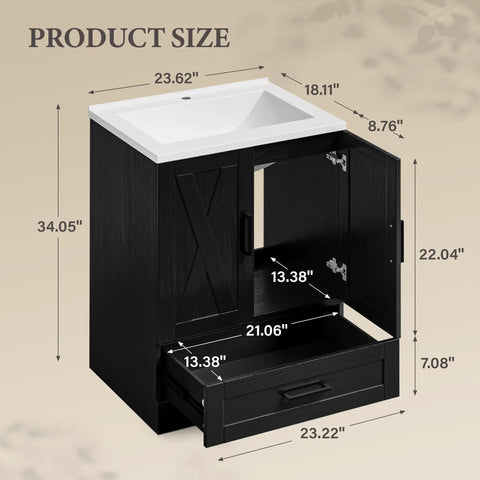 24 Inch Bathroom Vanity With Sink In Pure Black, showing dimensions and layout of modern floor standing design and drawers.