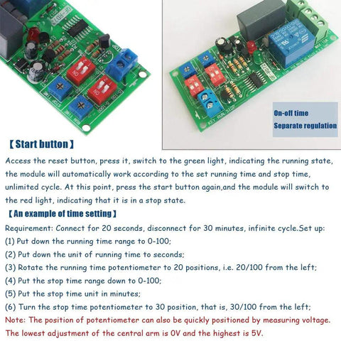 Infinite Cycle Delay Timer Relay Switch circuit board with adjustable run and stop timers 0.5 seconds to 1000 minutes, AC compatible
