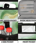 Front and side pockets with green design on Insulated Picnic Backpack Lunch Box For Women And Men Portable Picnic Bag with mesh lining.