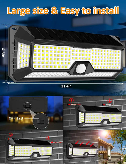 Super Bright Solar Outdoor Lights 4000 Lumen 268 LED Motion Sensor IP65 Waterproof Wireless Flood Lights shown mounted on wall