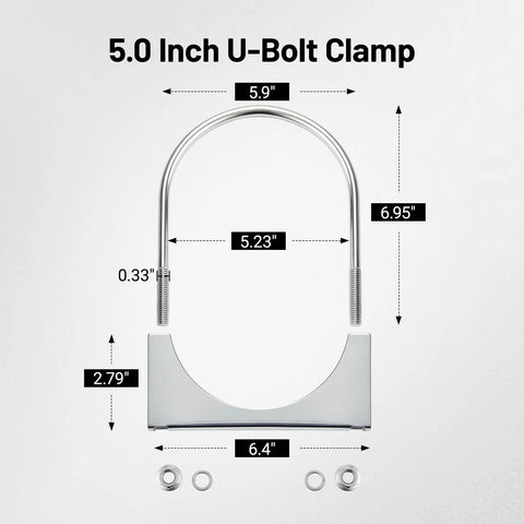 Heavy Duty 5 Inch U Bolt Exhaust Clamp Set For 5 Inch OD Exhaust Pipes, Stainless Steel dimensions illustrated