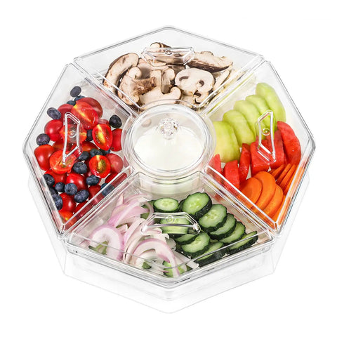 Top view of Bar Ready Ice Serving Lazy Susan With Four Removable Dishes and Smooth Rotating Tray, filled with fresh fruits and veggies.