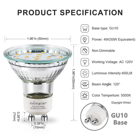 GU10 LED Light Bulbs 5000K Daylight For Kitchen, 400 Lumen Output, 120 Degree Beam, 50W Halogen Equivalent, Non Dimmable