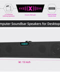 HiFi Computer Soundbar For Desktop PC And Mac USB Plug In Wired External Speakers With RGB Gaming Lights HD Stereo Punchy Bass Volume Knob USB C Adapter Perfect For Desk And Monitor, black rectangular design with dimensions labeled.
