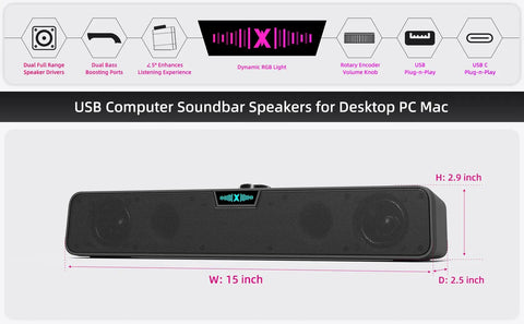 HiFi Computer Soundbar For Desktop PC And Mac USB Plug In Wired External Speakers With RGB Gaming Lights HD Stereo Punchy Bass Volume Knob USB C Adapter Perfect For Desk And Monitor, black rectangular design with dimensions labeled.