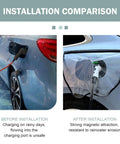 Tough As Nails Magnetic EV Charger Port Cover With Crisp Clear View Window protecting EV charging port from rain and moisture.