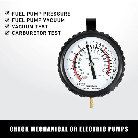 Front view of PESIKO 6-piece vacuum and fuel pressure gauge kit; black bezel gauge with white dial and brass connector