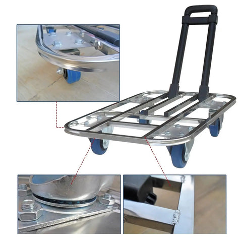 Heavy Duty Flatbed Cart Folding Hand Truck With Stainless Steel Tubing Telescopic Lever Wide Deck Platform 60x40 Size 3 Inch Wheel System Durable Construction For Worksite Or Warehouse Moving Heavy Loads, stainless frame and wheels