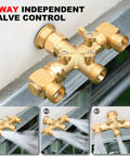 Three Way Garden Hose Splitter With Swivel Elbows High Flow Brass Body And Shut Off Valves Includes Washers And Thread Seal Tape on faucet