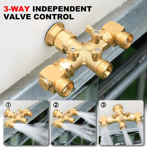 Three Way Garden Hose Splitter With Swivel Elbows High Flow Brass Body And Shut Off Valves Includes Washers And Thread Seal Tape on faucet