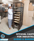 Chef in bakery with rack using 4 Inch By 1.5 Inch High Temp Green Epoxy Caster Wheels Set Of 4 For Industrial Bakery And Oven Racks
