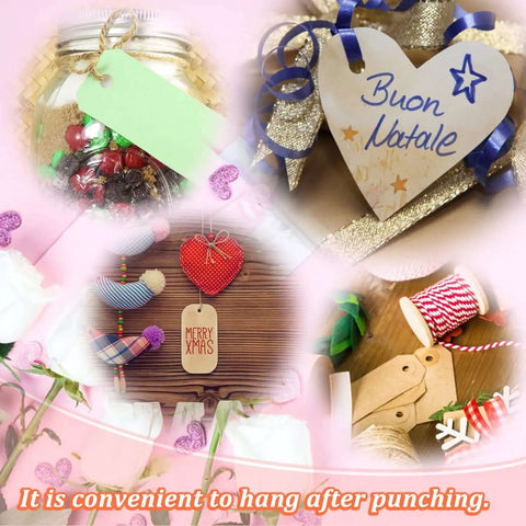 Three Piece Metal Handheld Paper Punch Set With Plastic Handle For Easy Circle Holes, shown with decorated DIY gift tags