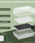 Self Watering Seed Starter Kit With 120 Cell Tray And Humidity Domes components diagram including trays, domes, and meter