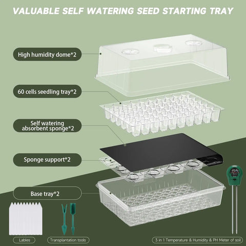 Self Watering Seed Starter Kit With 120 Cell Tray And Humidity Domes components diagram including trays, domes, and meter