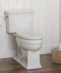 Slow Close Toilet Seat With Chrome Hinges Adjustable Front To Back Fit Elongated White Wood Seat Made In USA installed on toilet