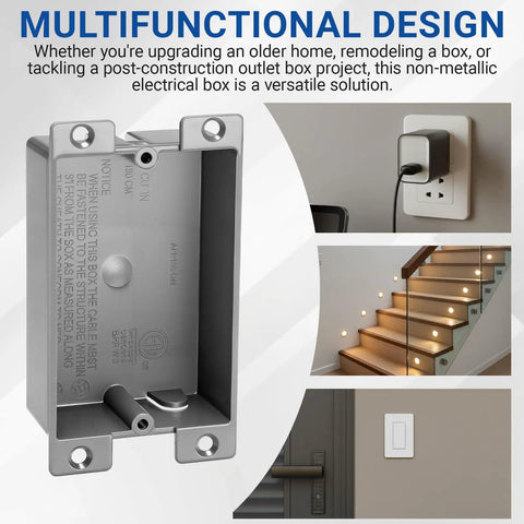 Bulk 4 Pack Plastic Shallow Electrical Boxes 8 Cu In Grey Single Gang Old Work Junction Boxes For Outlets And Switches ETL Certified And Easy Install Today installed in wall outlets and stairs
