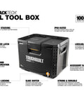 StackTech XL Tool Box Organizer With Locking System And Removable Tray shown with features, black finish, durable build for job site.