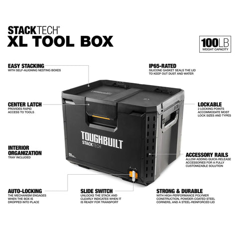 StackTech XL Tool Box Organizer With Locking System And Removable Tray shown with features, black finish, durable build for job site.