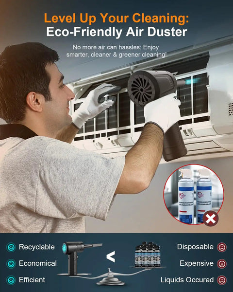 Person using 11 In 1 Compressed Air Duster With 120000 RPM Adjustable 3 Gear Settings And LED Light Reusable Keyboard Cleaner on air unit.