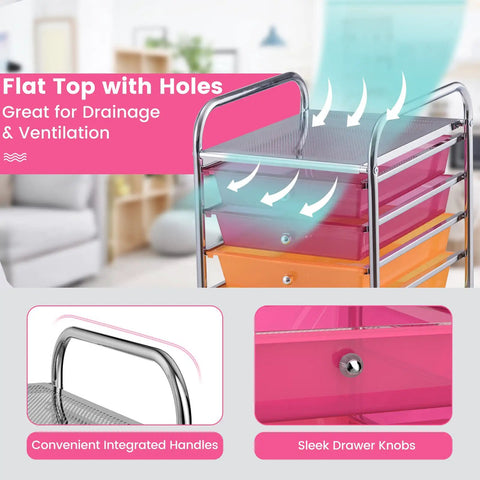 10 Drawer Rolling Storage Cart With Removable Drawers, Universal Casters And Two Brakes, Flexible Organizer For Home And Office, Rainbow Finish close-up showing flat top with holes and handles