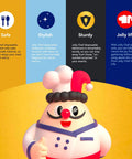 Illustration of a chef character with text on safe, stylish, sturdy, and jolly life features by Jolly Chef.