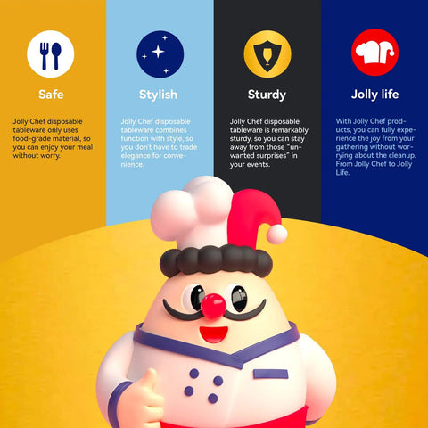 Illustration of a chef character with text on safe, stylish, sturdy, and jolly life features by Jolly Chef.