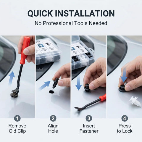 Installation steps of 100 Piece Car Bumper Clips Kit With Plastic Rivets Fasteners And Push Retainers Universal Expansion Screws
