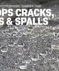 Close-up of water droplets on concrete surface treated with Heavy Duty Penetrating Concrete Sealer And Ultra Concentrate Water Oil Salt Repellent.