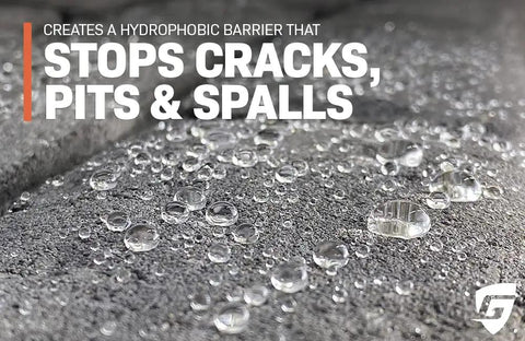 Close-up of water droplets on concrete surface treated with Heavy Duty Penetrating Concrete Sealer And Ultra Concentrate Water Oil Salt Repellent.