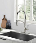 Pull Down Sprayer Kitchen Faucet With Single Handle In Brushed Nickel Finish, High Arc Gooseneck Spout in modern kitchen
