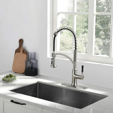 Pull Down Sprayer Kitchen Faucet With Single Handle In Brushed Nickel Finish, High Arc Gooseneck Spout in modern kitchen
