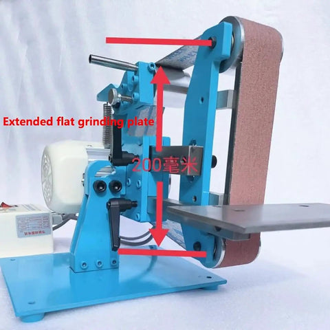 Heavy Duty Electric Belt Sander 750W Woodworking Workhorse With 915x50mm Belt mounted with 200mm flat grinding plate for precise sanding.