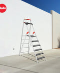 Six Step Aluminum Step Ladder With 330 Lb Capacity, 129.1 Inch Reach, Heavy Duty Build, Extendable Safety Bar, Locking Platform, Non Slip Steps, Tool Tray, Bucket Strap And Hook, EasyClix Ready For Fast Setup And Secure, High Reach Work. Freestanding by wall.