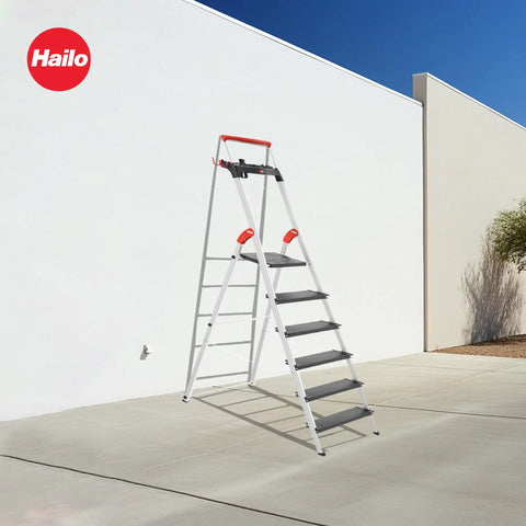 Six Step Aluminum Step Ladder With 330 Lb Capacity, 129.1 Inch Reach, Heavy Duty Build, Extendable Safety Bar, Locking Platform, Non Slip Steps, Tool Tray, Bucket Strap And Hook, EasyClix Ready For Fast Setup And Secure, High Reach Work. Freestanding by wall.