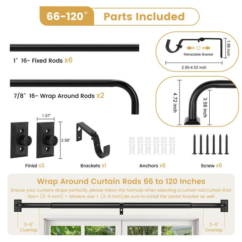 Parts included in Heavy Duty Black Wrap Around Curtain Rod Set, Adjustable 66 To 120 Inch, with rods, brackets, and screws.