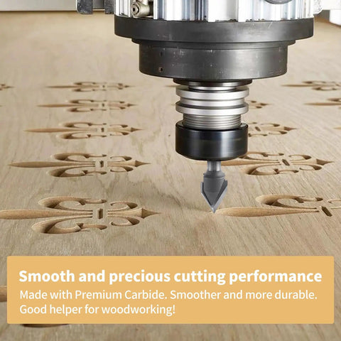 Built Like A Tank 60 Degree V Groove Router Bit With Premium Carbide Tipped Cutters And 1/4 Inch Shank engraving on wood.