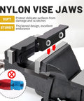 Heavy Duty Nylon Vise Jaw Pads With Rock Solid Magnets For No Slip Bench Vice Protection Soft Grip Cover Fits Any Steel Workbench Vise Garage Grade Black, installed on a black steel vise.