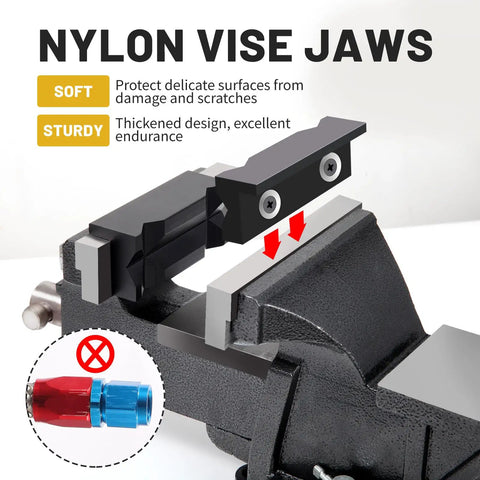 Heavy Duty Nylon Vise Jaw Pads With Rock Solid Magnets For No Slip Bench Vice Protection Soft Grip Cover Fits Any Steel Workbench Vise Garage Grade Black, installed on a black steel vise.