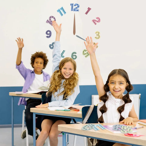 Children raising hands in classroom with multiplication chart clock, Multiplication Chart Posters For Kids Set Of 12 With Multiples From 1 To 12
