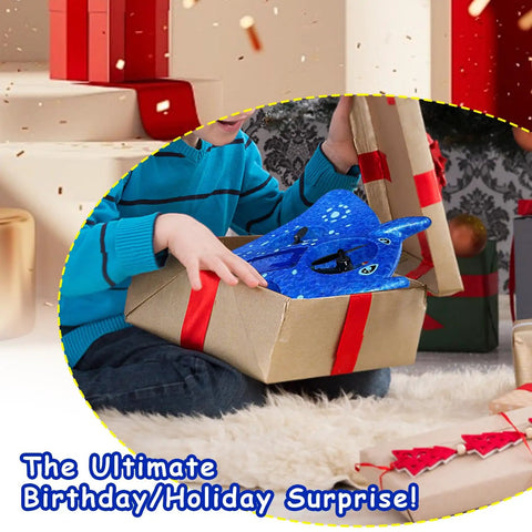 Child opening gift box with Noob-Friendly Foam RC Airplane For Kids And Beginners, 2.4GHz Remote Control, blue airplane visible.