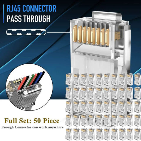 Pro Grade RJ45 Cat6 Crimp Tool Set With Pass Through Connectors, showing 50 pass-through Ethernet connectors and wiring detail for quick installations