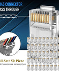 Badass Network Cable Testing And Repair Kit Featuring Rj45 Crimping Tool Heavy Duty Wire Stripper Punch Down Driver Compatible With Coax Cat5 Cat6 And Phone Lines Brilliant Blue Edition 50-piece RJ45 connector set with pass-through design.