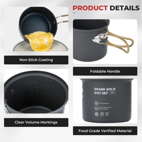Close-up of 9 Piece Camping Cookware Set with nonstick pan, foldable handle, volume markings, and food-grade material details.