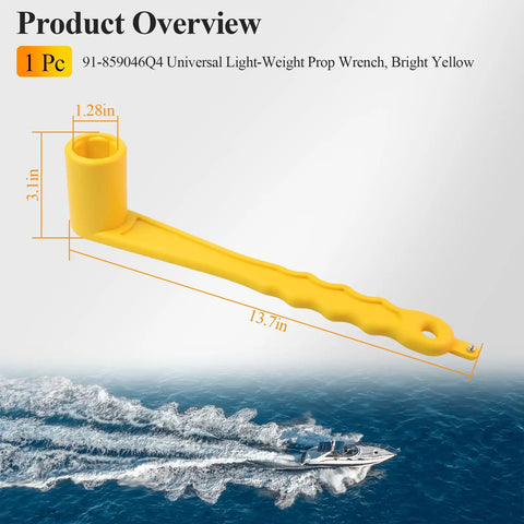 Universal Lightweight Prop Wrench For Marine Outboard And Stern Drives, 91-859046Q4, bright yellow with dimensions