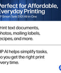 Graphic with text highlighting HP Smart Tank 5101 All-in-One printer features for affordable everyday printing.
