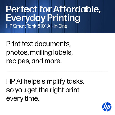 Graphic with text highlighting HP Smart Tank 5101 All-in-One printer features for affordable everyday printing.