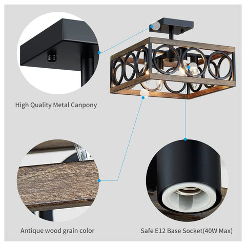 4 Light Modern Black Square Chandelier With Vintage Wood Grain Finish And 180 Degree Adjustable Pole For Dope Vibe Pendant close-up