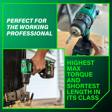 Eighteen-Volt Cordless Brushless Driver Drill Kit With Two Lithium Batteries And Charger Carry Bag Half Inch Torque Up To 620 Inch Pounds 2000 RPM Compact Beast Power Drill Set DS18DEX in use, drilling wood with precision.