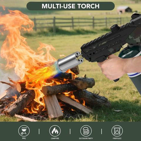 Person using Beast Mode Propane Culinary Torch Gun With Adjustable Flame For Searing Steak, Grilling, Campfire Starts And Welding Prep