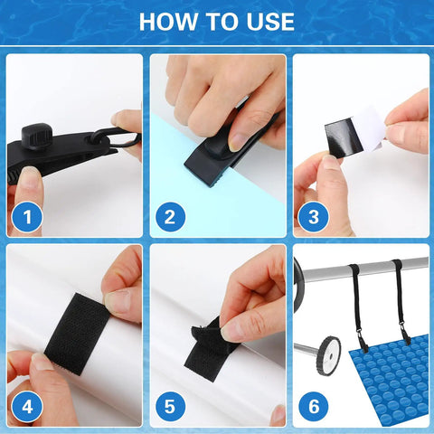 Lock That Heat In Tight With This Rock Solid 30 Piece Solar Cover Strap Kit Featuring Non Slip Clips And Heavy Duty Loop Tape For Any Inground Or Above Ground Pool usage instructions.